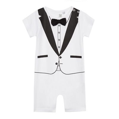 Baby boys' white tuxedo print romper suit